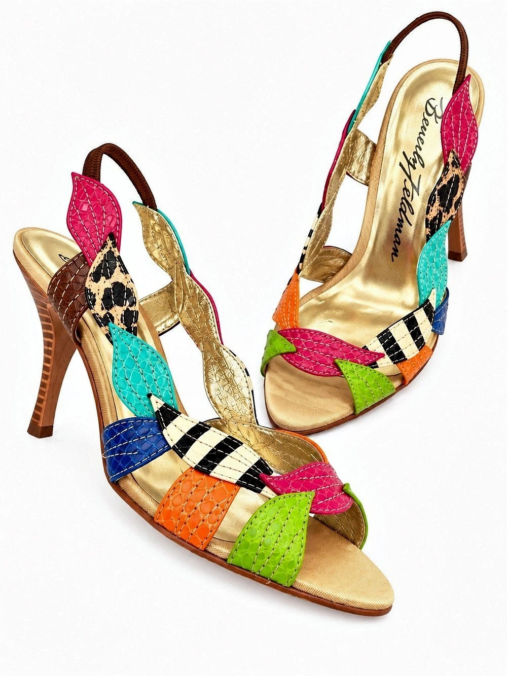 Beverly Feldman Multicolor Heels Leather Designer Wood stacked Shoes 7